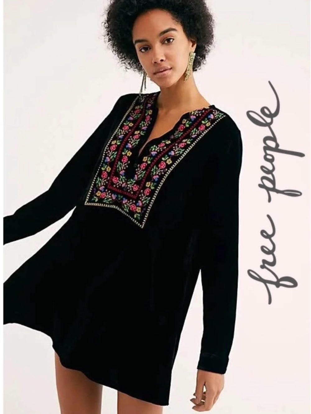 Free People Always Forever Velvet Mini Embroidered Dress Size Small